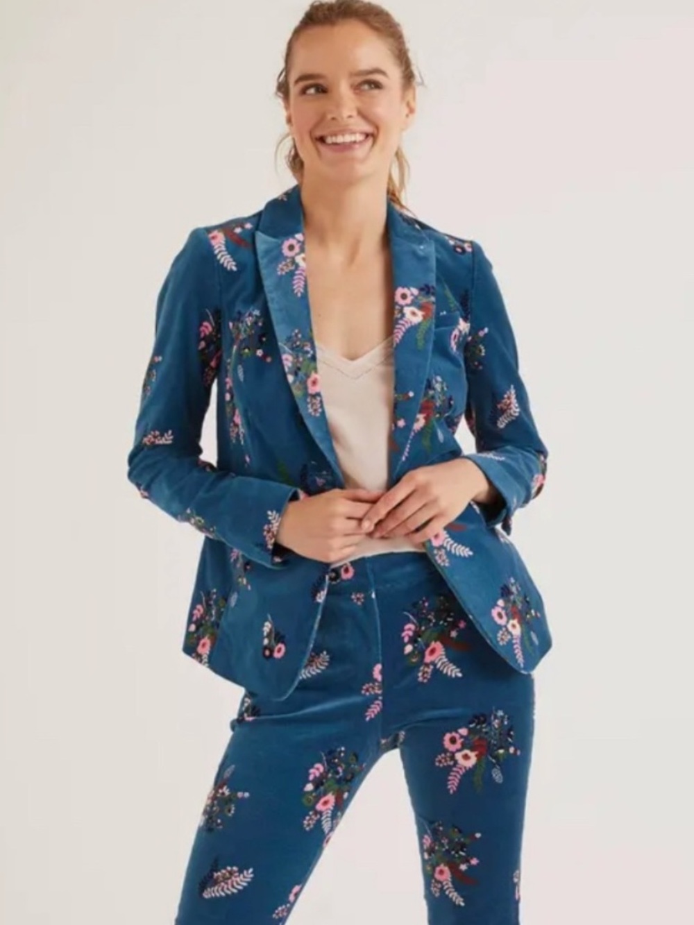 Boden Teal Floral Velvet Blazer and Pant Set
